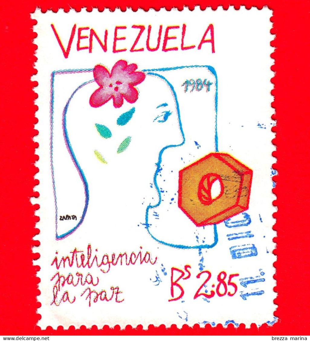 VENEZUELA - Usato - 1984 - Disegno - Intelligenza Per La Pace - Fiori, Testa - 2.85 - Venezuela