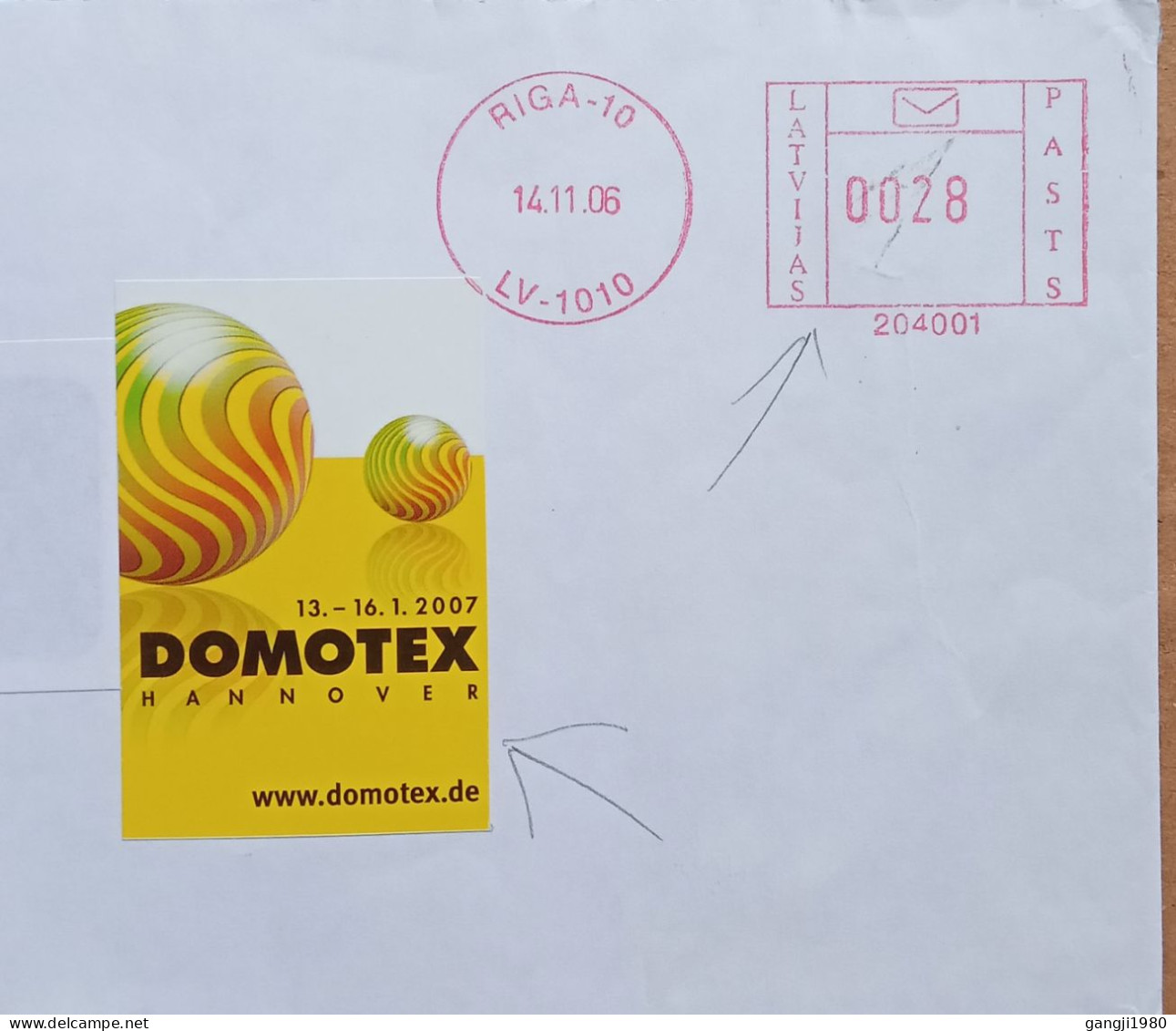 LATVIA 2006, COVER USED, VIGNETTE LABEL, DOMOTEX HANNOVER GERMANY, RIGA CITY CIRCLE & METER CANCEL. - Lettonie