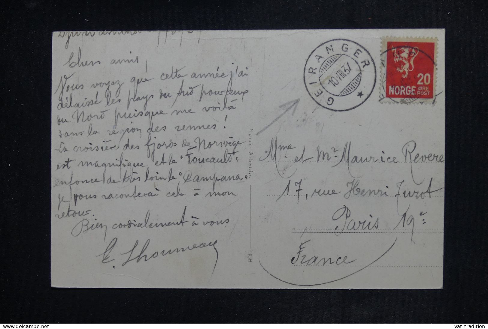 NORVÈGE - Oblitération De Geiranger Sur Carte Postale Pour La France En 1937  - L 151005 - Lettres & Documents