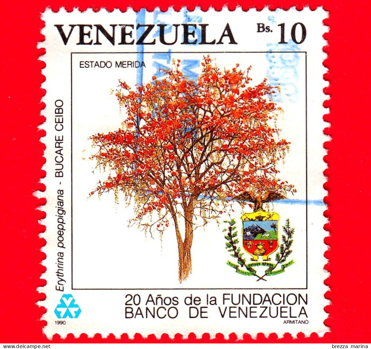 VENEZUELA - Usato - 1990 - 25 Anni Della Banca Del Venezuela - Albero E Stemma - Bucare Anauco (Erythrina Fusca) - 10 - Venezuela