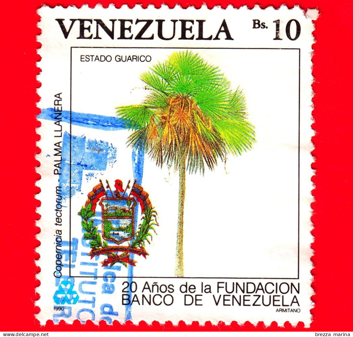 VENEZUELA - Usato - 1990 - 25 Anni Della Banca Del Venezuela - Albero E Stemma - Palma Llanera (Copernicia Tectorum) -10 - Venezuela