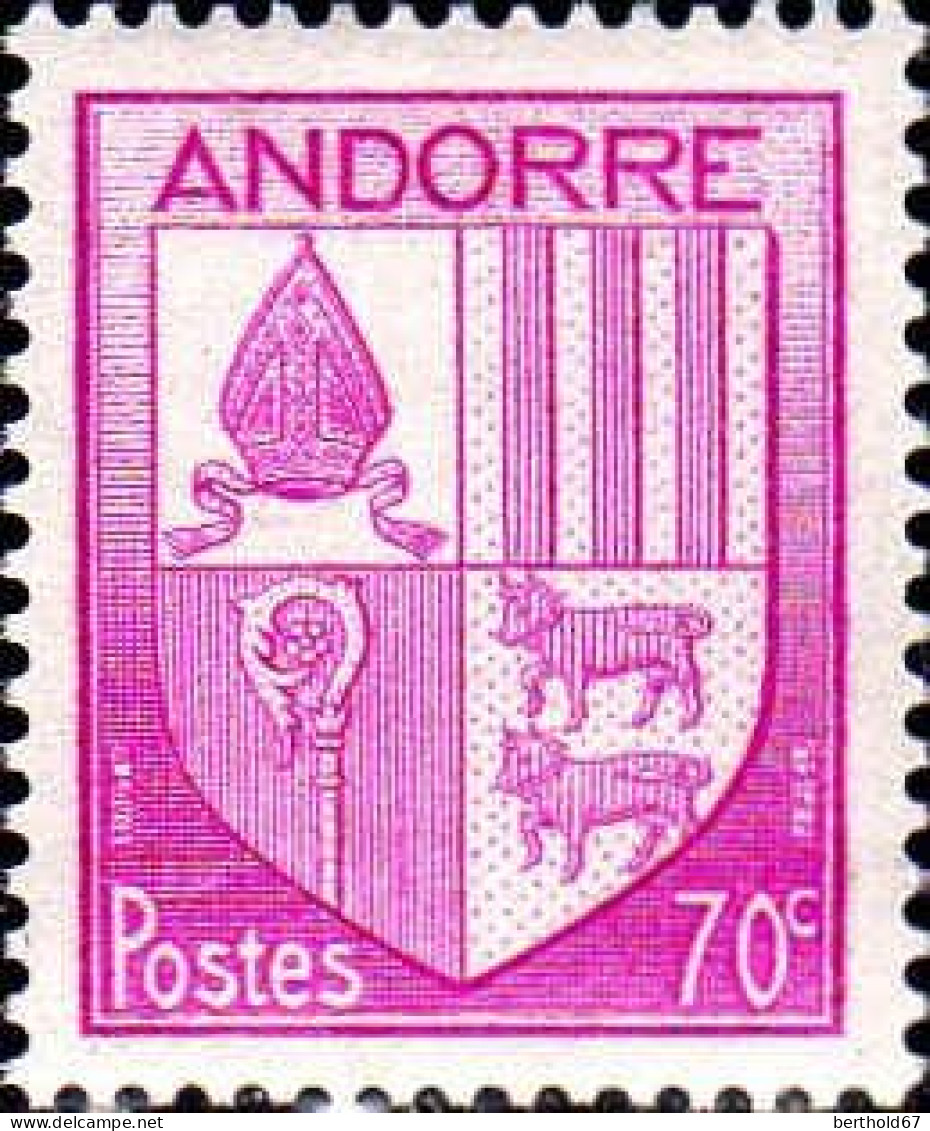 Andorre (F) Poste N* Yv: 98 Mi:100 Armoiries D'Andorre (Trace De Charnière) - Unused Stamps