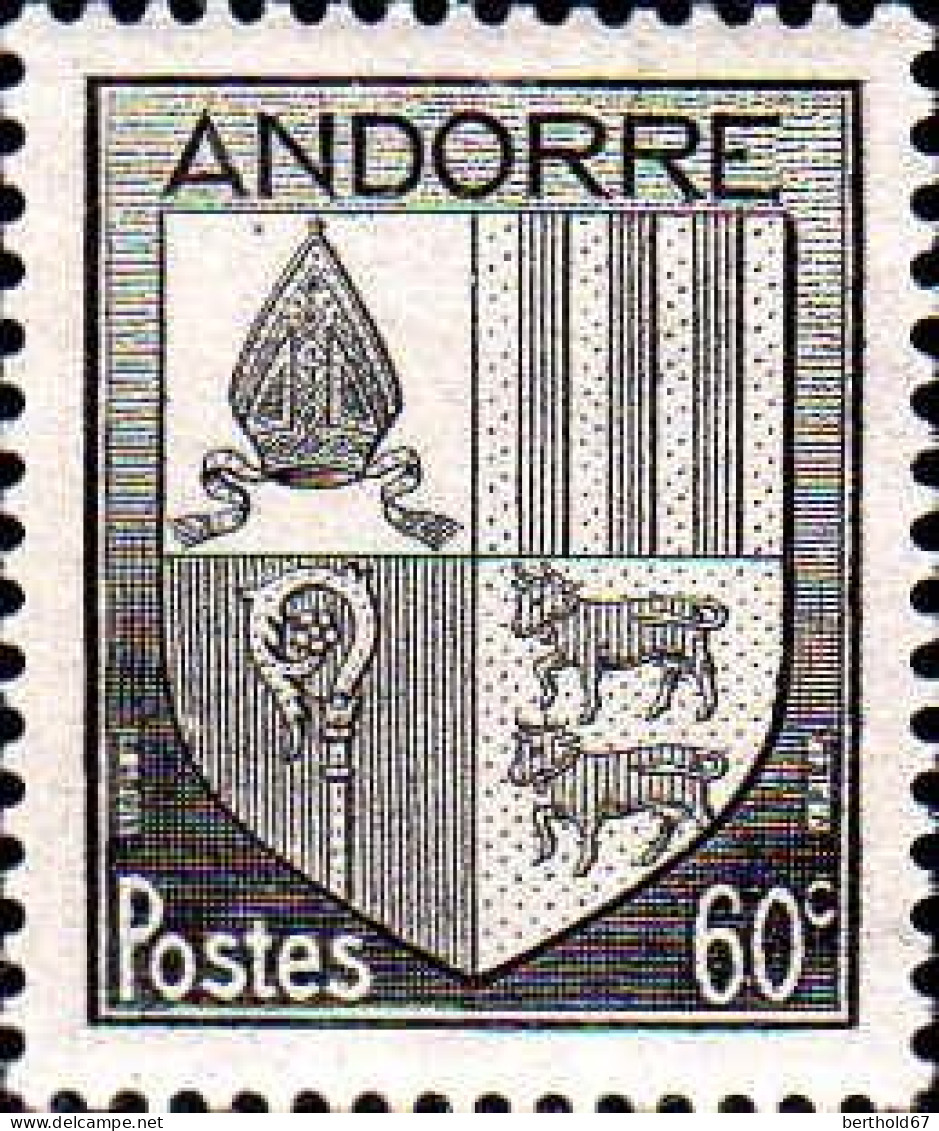 Andorre (F) Poste N* Yv: 97 Mi:99 Armoiries D'Andorre (Trace De Charnière) - Ungebraucht