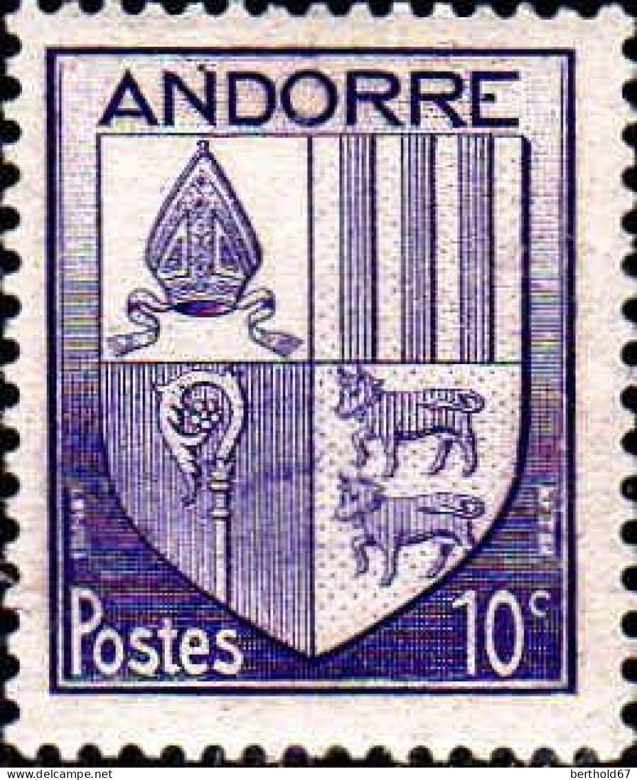 Andorre (F) Poste N* Yv: 93 Mi:95 Armoiries D'Andorre (Trace De Charnière) - Unused Stamps