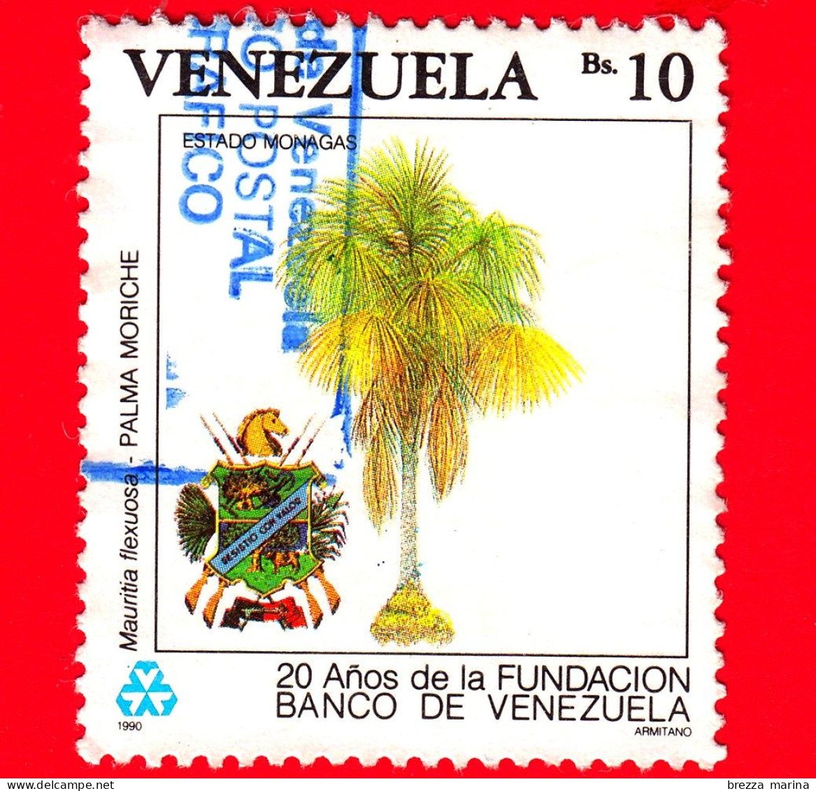VENEZUELA - Usato - 1990 - 25 Anni Della Banca Del Venezuela - Albero E Stemma - Palma Moriche (Mauritia Flexuosa) - 10 - Venezuela