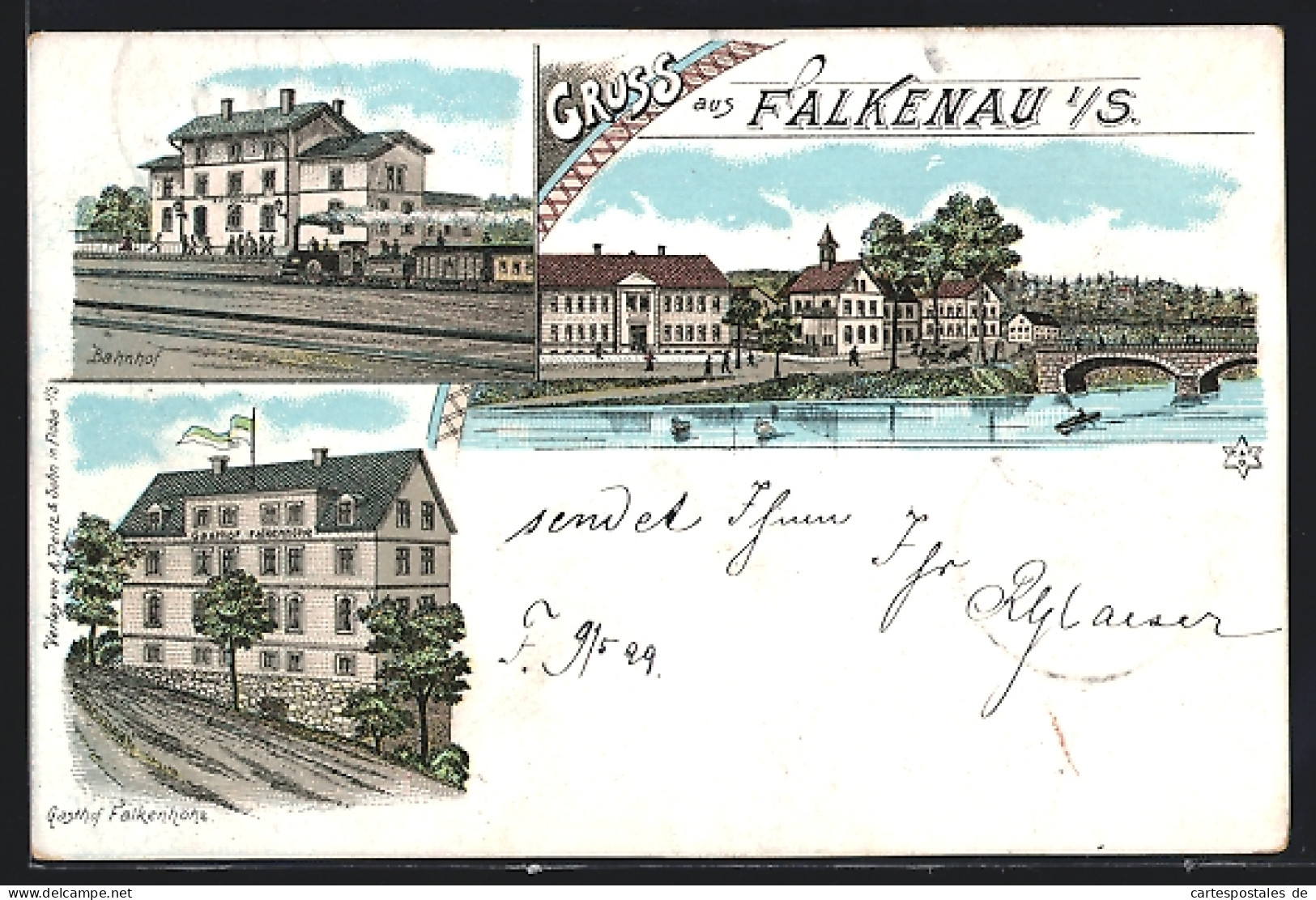 Lithographie Falkenau I. S., Der Bahnhof, Flusspartie Und Der Gasthof Falkenhöhe  - Other & Unclassified
