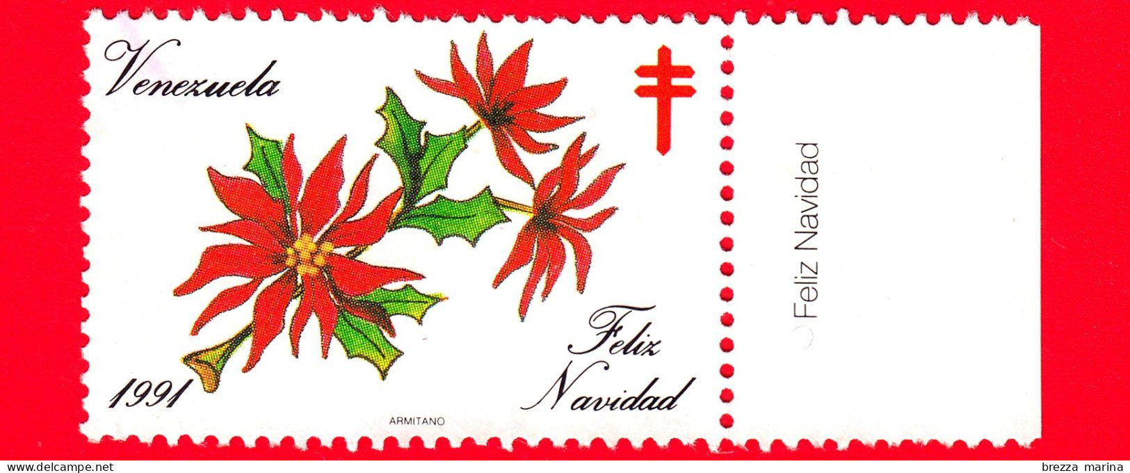 VENEZUELA - Usato - 1991 - Natale - Fiori - Feliz Navidad - Tuberculosis - Vignetta - Venezuela