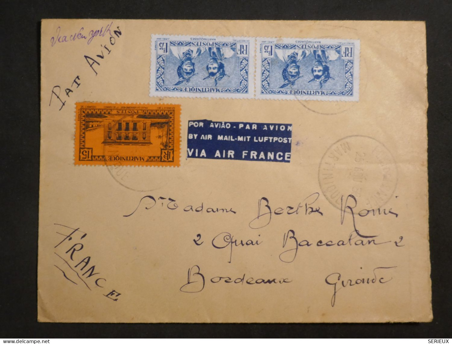 DM1 MARTINIQUE   BELLE  LETTRE  ENV. 1930 FORT DE FRANCE  A BORDEAUX FRANCE +AFF.   INTERESSANT+ + - Covers & Documents