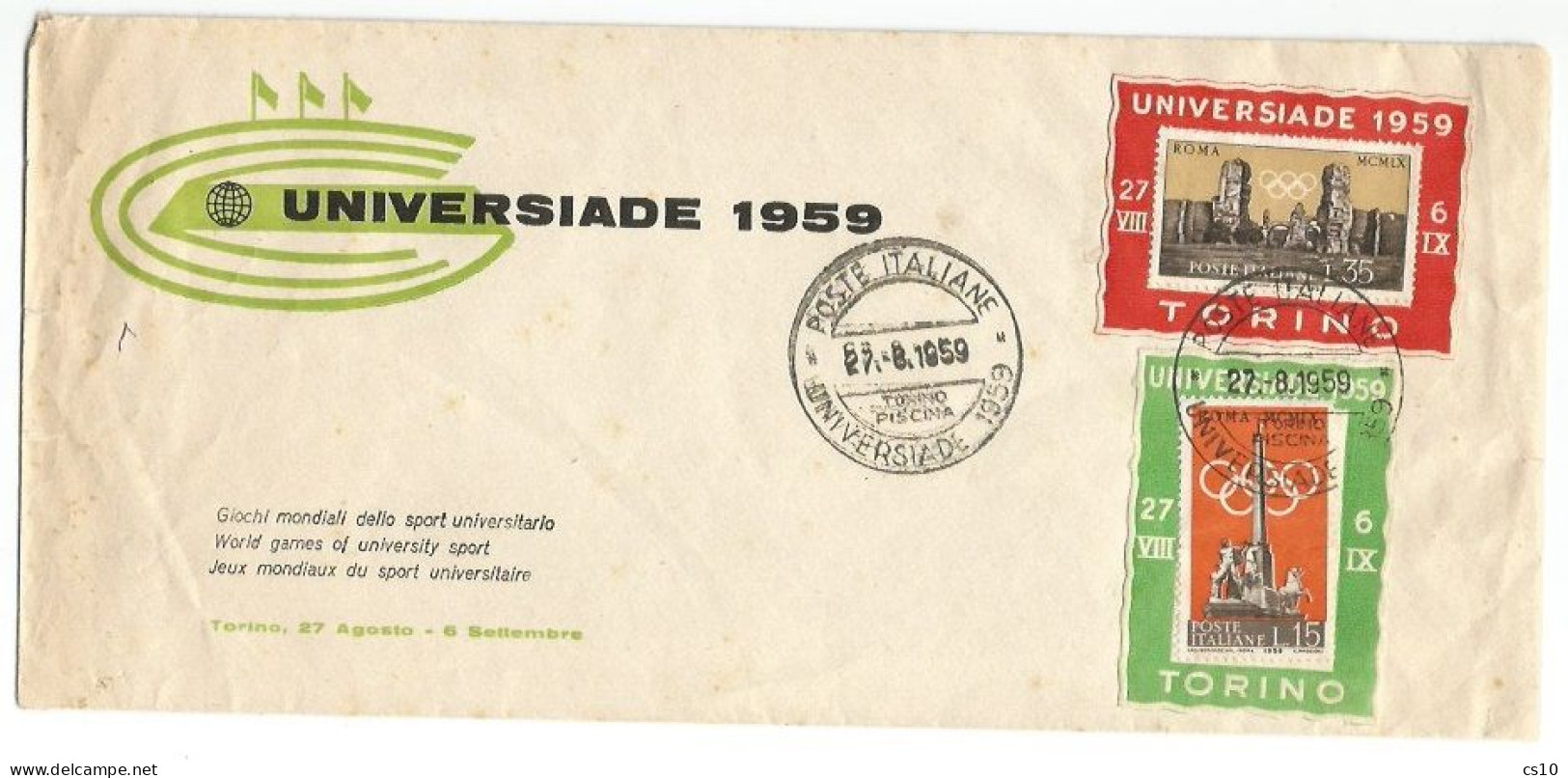 Universiadi 1959 University Games Torino Italy Swimming Nuoto Piscina 27aug59 Official Cover + PPC With Official Labels - Autres & Non Classés