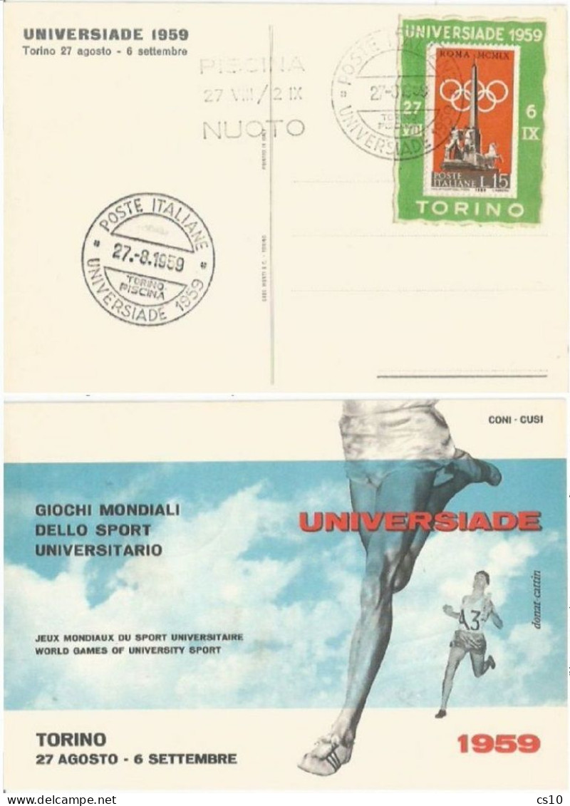 Universiadi 1959 University Games Torino Italy Swimming Nuoto Piscina 27aug59 Official Cover + PPC With Official Labels - Autres & Non Classés