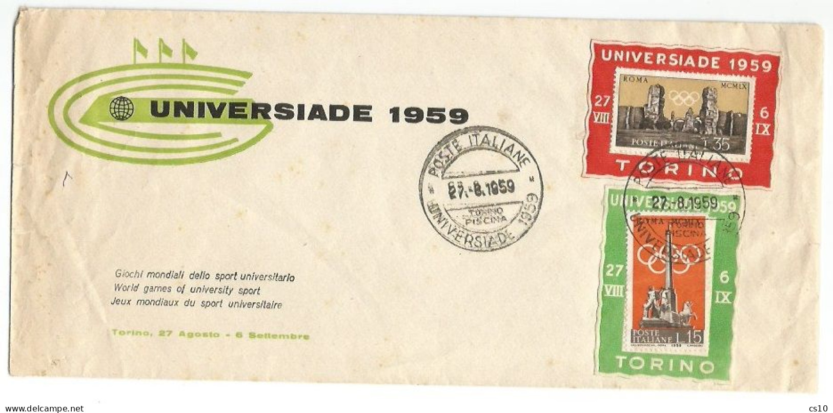 Universiadi 1959 University Games Torino Italy Swimming Nuoto Piscina 27aug59 Official Cover + PPC With Official Labels - Vignettes De Fantaisie