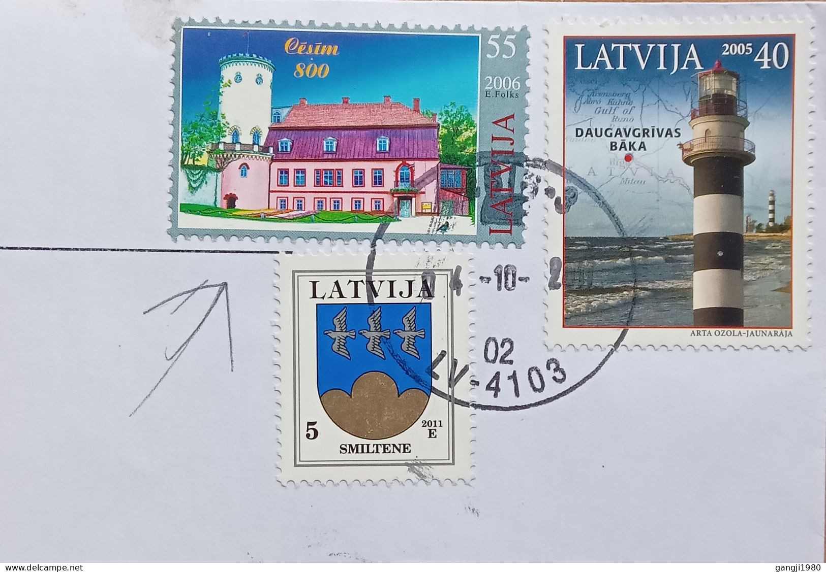 LATVIA 2011, REGISTER  COVER USED, 2005 LIGHTHOUSE, 2006  CASTLE, 2011 SMILTENE, 3 DIFF STAMP, CESIS & RIGA CITY CANCEL - Lettonie