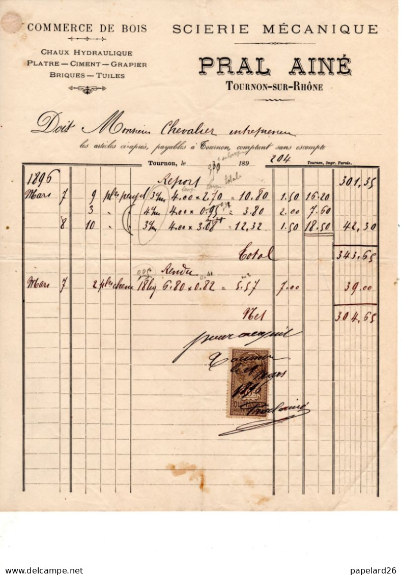 ARDECHE  TOURNON SCIERIE MECANIQUE  PRAL  ANNEE 1896  FORMAT A4 - Ambachten
