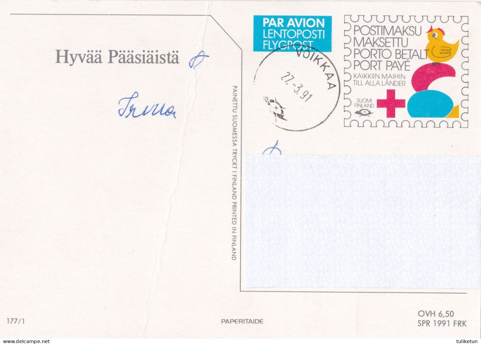 Postal Stationery - Cock Taking Care Of Chicks - Red Cross 1991 - Suomi Finland - Postage Paid - Lars Carlsson - Enteros Postales