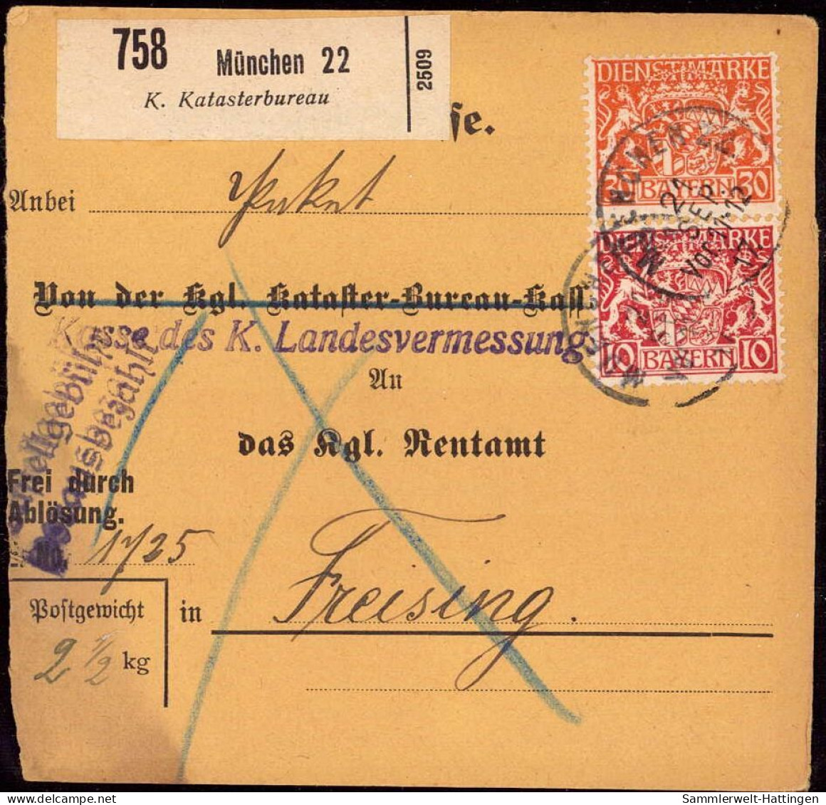 604028 | Paketkarte, Nr. Zettel Mit Eindruck Des K. Katasterbureau, Vermessung, Geografie  | München (W - 8000), -, - - Lettres & Documents