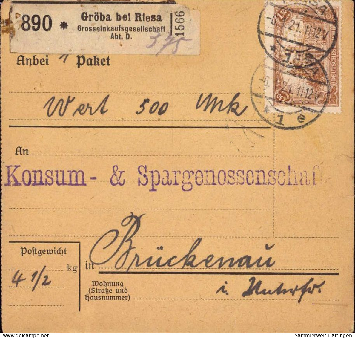 604018 | Firmenlochung Perfin Auf Paketkarte, Nr. Zettel Mit Eindruck GEG, Konsum. Gröba  | Riesa 1 (O - 8400), -, - - Lettres & Documents