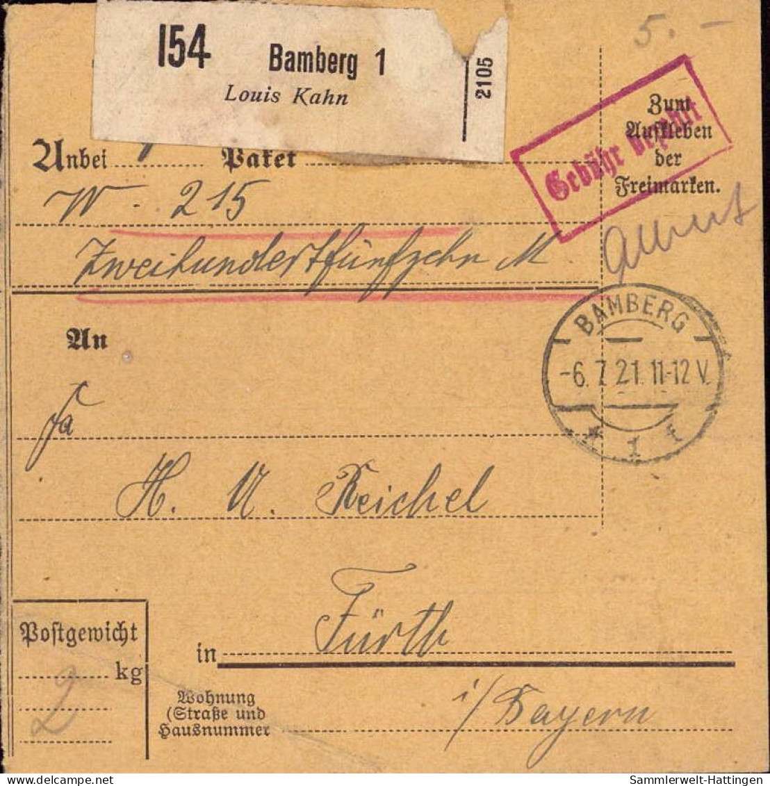 604022 | Paketkarte Gebühr Bezahlt, Nr. Zettel Mit Eindruck Der Firma Louis Kahn, Judaica | Bamberg (W 8600) - Lettres & Documents