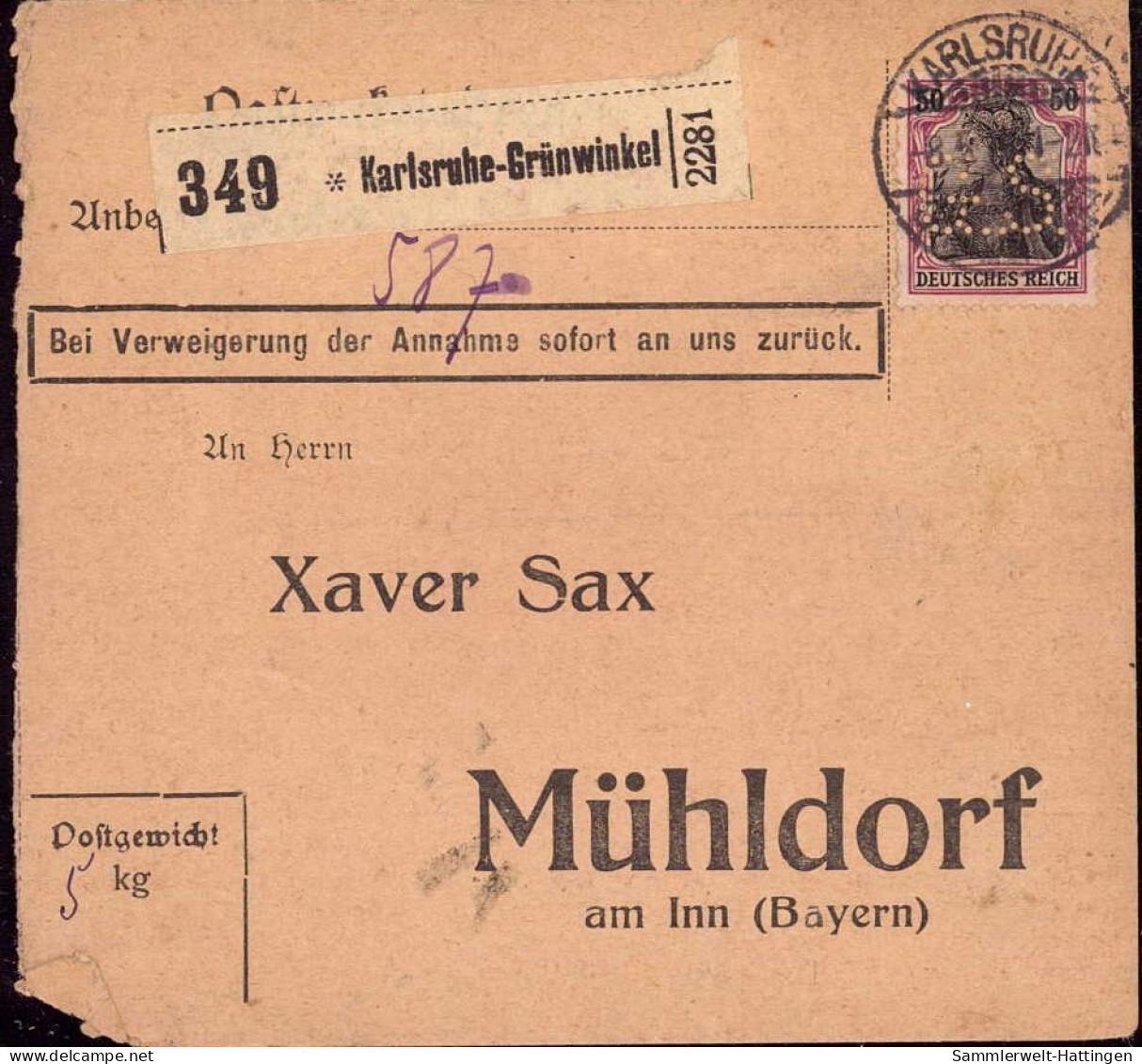 604019 | Germania, Firmenlochung Perfin Auf Paketkarte,  | Karlsruhe (W - 7500), Mühldorf (W - 8260), - - Lettres & Documents