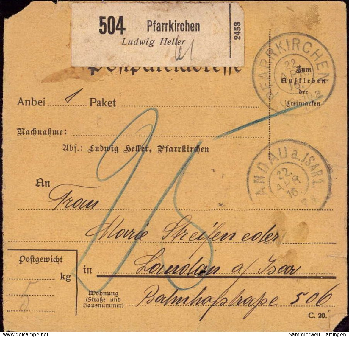 604023 | Paketkarte Mit Nachporto, Nr. Zettel Mit Eindruck Der Firma Ludwig Heller  | Pfarrkirchen (W - 8340), -, - - Enveloppes