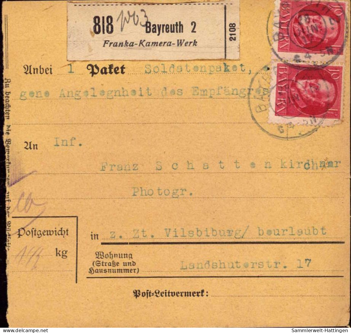 604027 | Paketkarte, Nr. Zettel Mit Eindruck Des Franka Kamera Werk, Fotografie,  | Bayreuth (W - 8580), -, - - Lettres & Documents