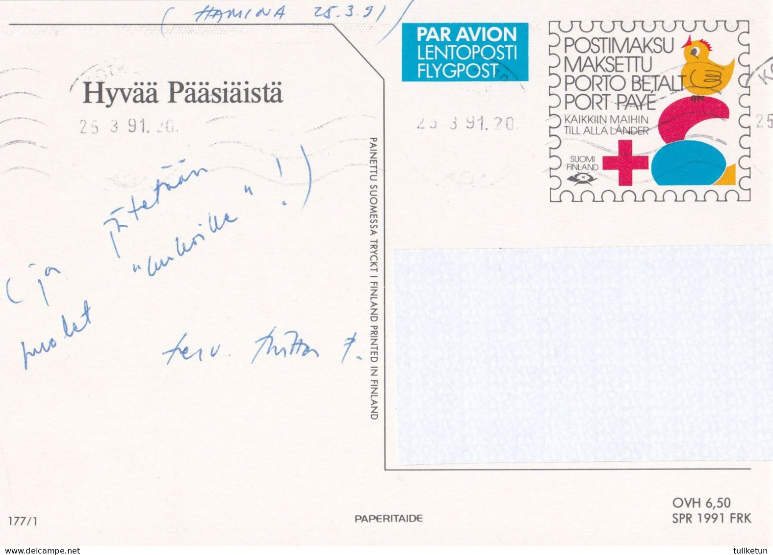 Postal Stationery - Cock Taking Care Of Chicks - Red Cross 1991 - Suomi Finland - Postage Paid - Lars Carlsson - Postwaardestukken