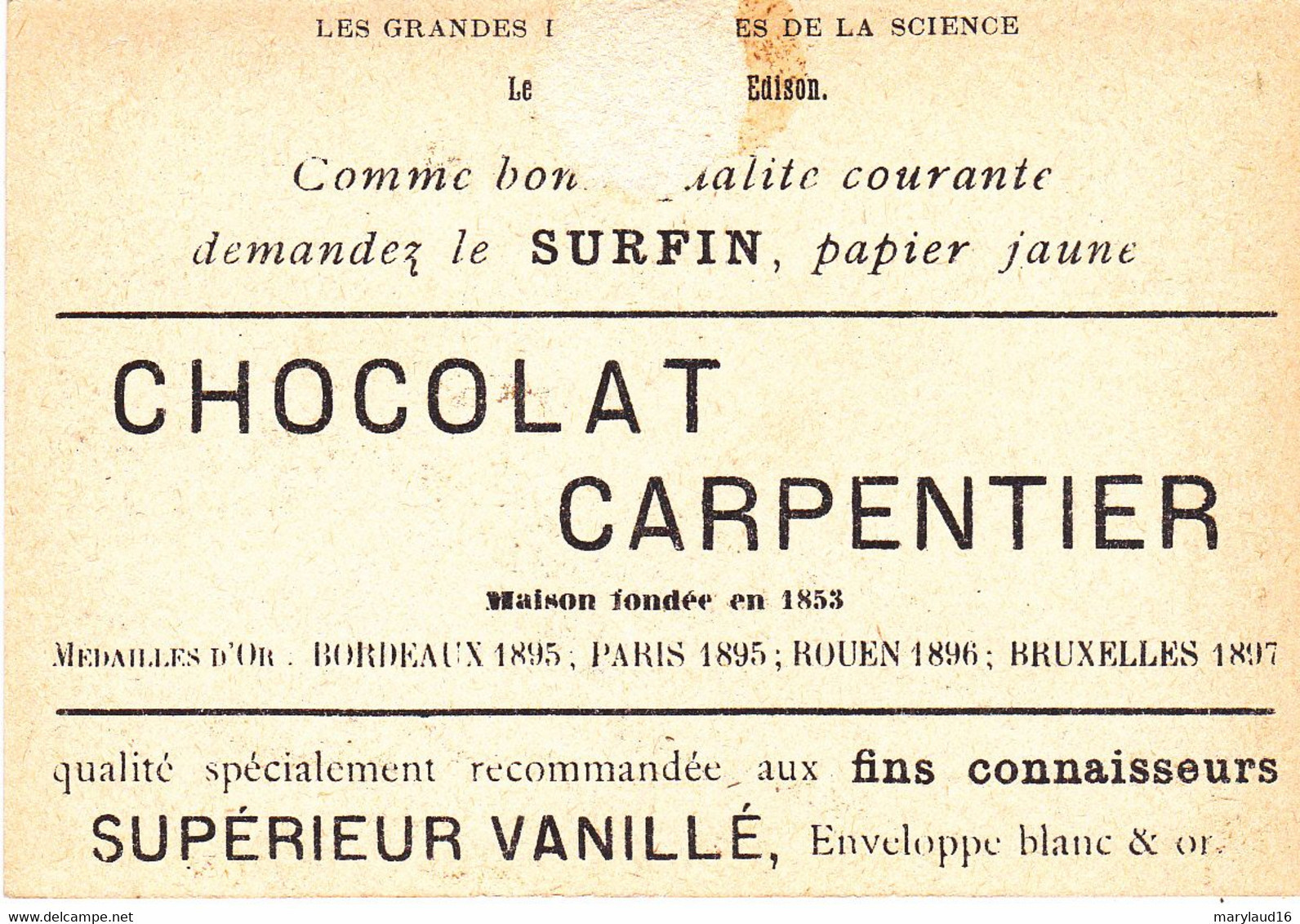 Chocolat Carpentier Découvertes Science Le Phonographe Edison - Autres & Non Classés