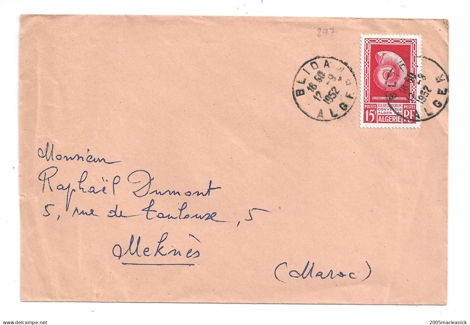 ALGÉRIE N°297 Fraicheur Postale, Seul Sur Lettre De Blida Pour Meknès Le 12/9/1952 - Otros & Sin Clasificación