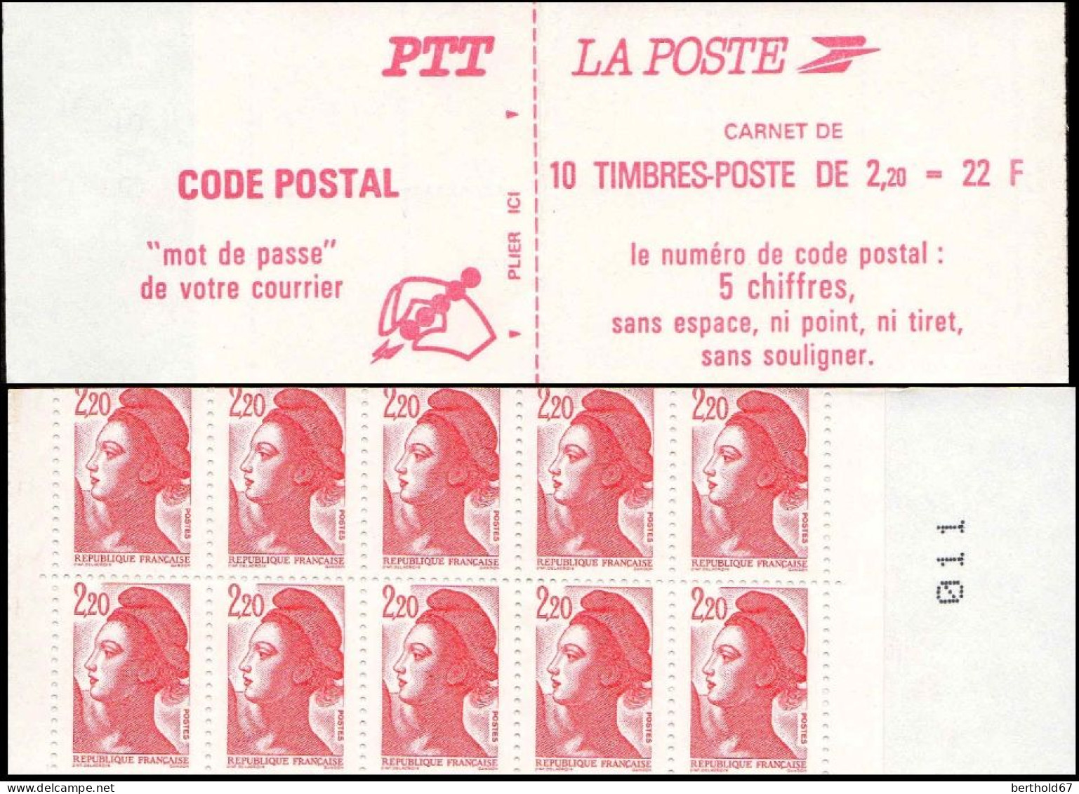 France Carnet N** Yv:2427-C1 Code Postal 10x2,20F Liberté Rouge Ouvert 012 3mm - Sonstige & Ohne Zuordnung