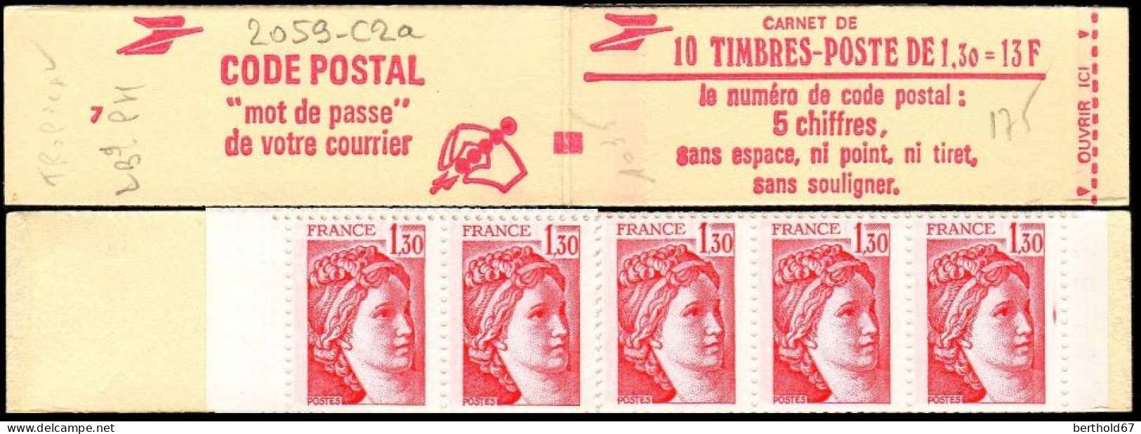 France Carnet N** Yv:2059-C2a Code Postal 10x1,30F Sabine Rouge (Ouvert) Conf.7 - Altri & Non Classificati