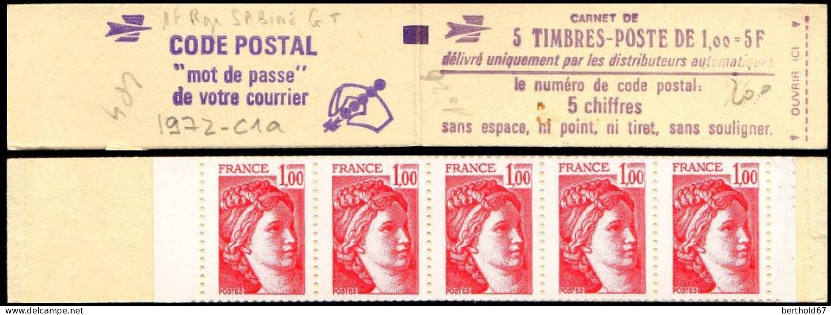 France Carnet N** Yv:1972-C1a Code Postal 5x1,00F Sabine Rouge Sans N-conf. (Ouvert) - Sonstige & Ohne Zuordnung