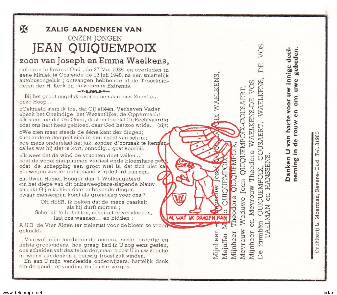 DP Jean Quiquempoix / Waelkens 13j. ° Bevere Oudenaarde 1935 † Oostende 1948 Cousaert De Vos Taelman Hanssens - Images Religieuses