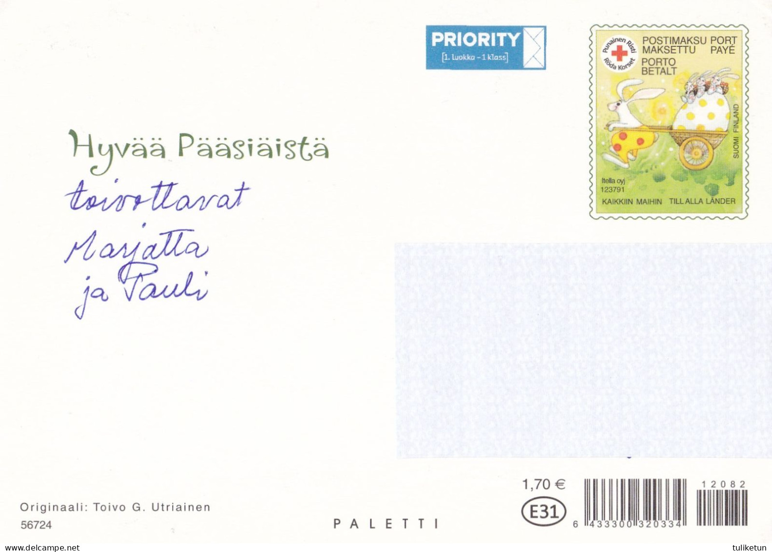 Postal Stationery - Cock Carrying Eggs In The Basket - Chick - Hare - Red Cross - Suomi Finland - Postage Paid - Postwaardestukken