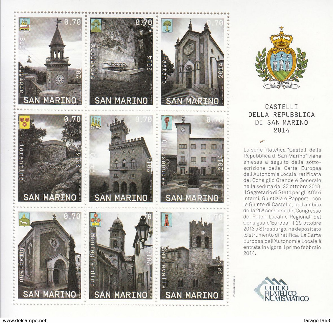 2014 San Marino Towns Municipalities Buildings Miniature Sheet Of 9 MNH @ Below Face Value - Unused Stamps