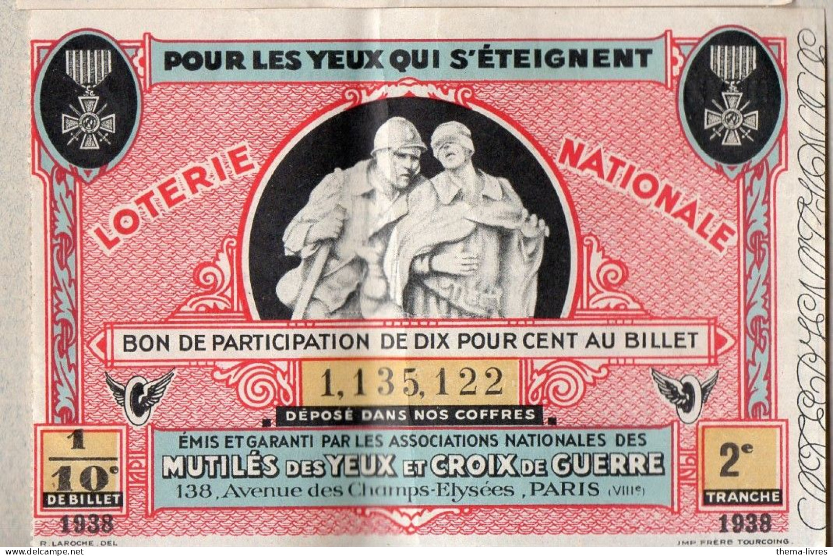 Billet LOTERIE NATIONALE 1938 MUITILES DES YEUX    (PPP46912 / A) - Lottery Tickets