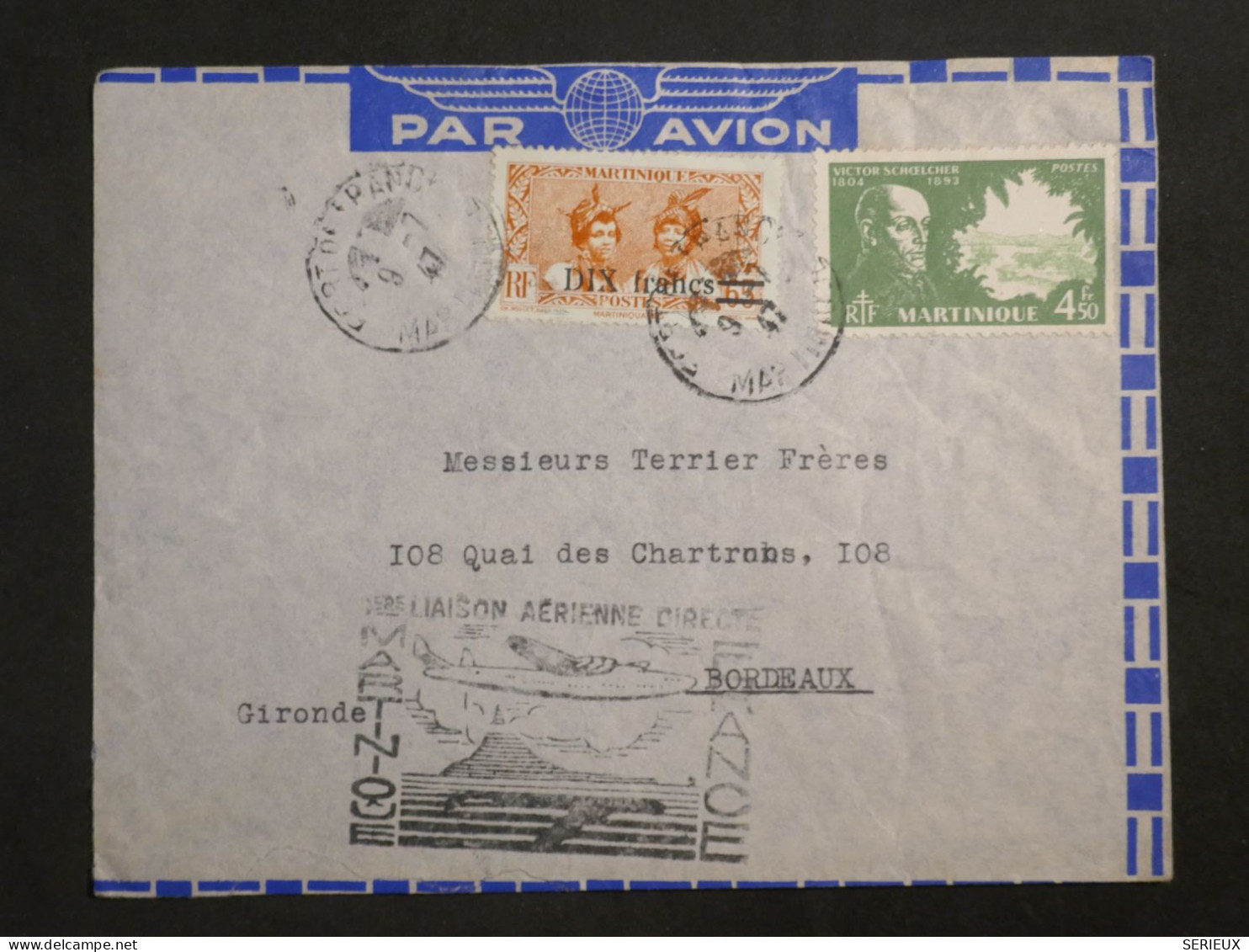 DM1 MARTINIQUE   BELLE  LETTRE  . 1947 1ER VOL . FORT DE FRANCE  A BORDEAUX  FRANCE +AFF.   INTERESSANT+ + - Brieven En Documenten