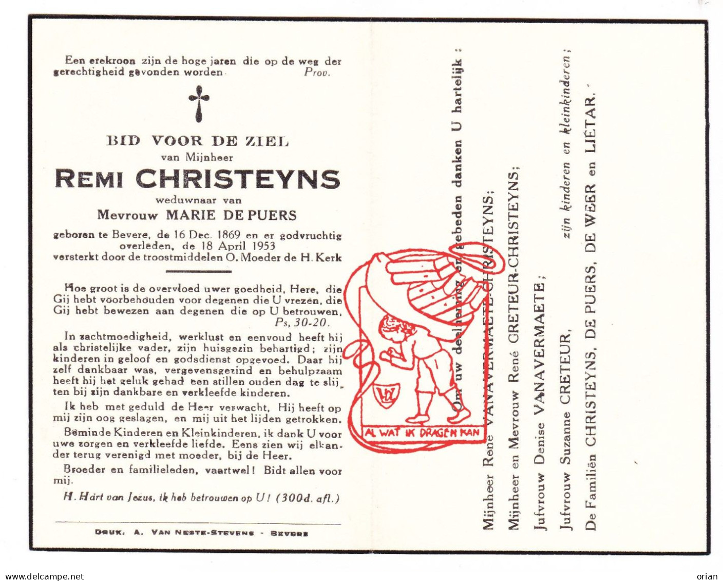 DP Remi Christeyns ° Bevere Oudenaarde 1869 † 1953 X Marie De Puers // Vanavermaete Creteur De Weer Liétar - Images Religieuses