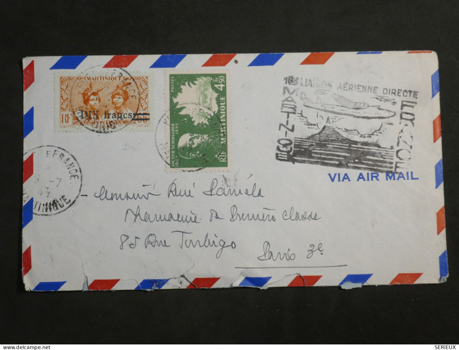 DM1 MARTINIQUE   BELLE  LETTRE  . 1947 1ER VOL . FORT DE FRANCE  A  PARIS   FRANCE +AFF.   INTERESSANT+ + - Brieven En Documenten