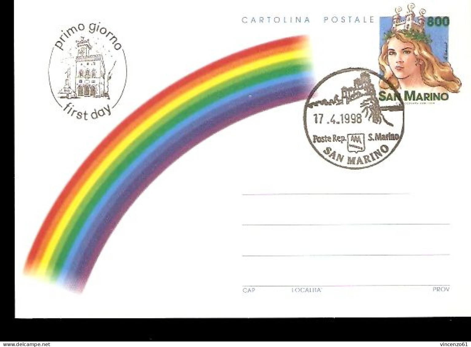 CARTOLINA POSTALE REPUBBLICA DI SAN MARINO FDC 1998 RAIMBOW ARCOBALENO - Autres & Non Classés