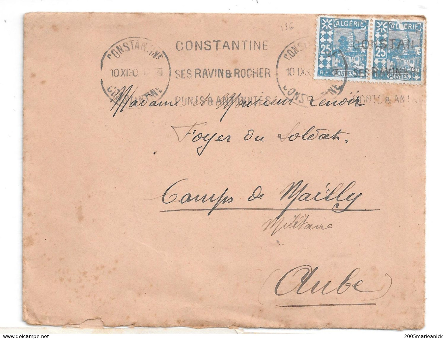 ALGÉRIE Paire Du N°136 Seule Sur Lettre De Constantine Pour "le Foyer Du Soldat" Camp De Mailly Aube 10 XI (19)30 - Autres & Non Classés