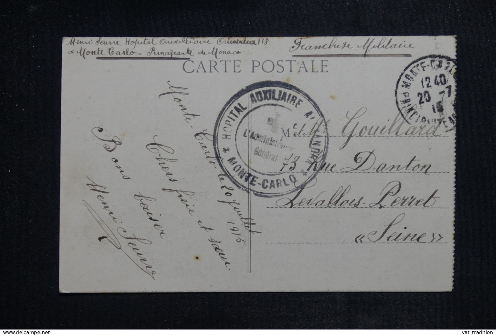 MONACO - Cachet De L'Hôpital Auxiliaire Alexandra De Monaco Sur Carte Postale En 1915 Pour La France - L 151020 - Briefe U. Dokumente