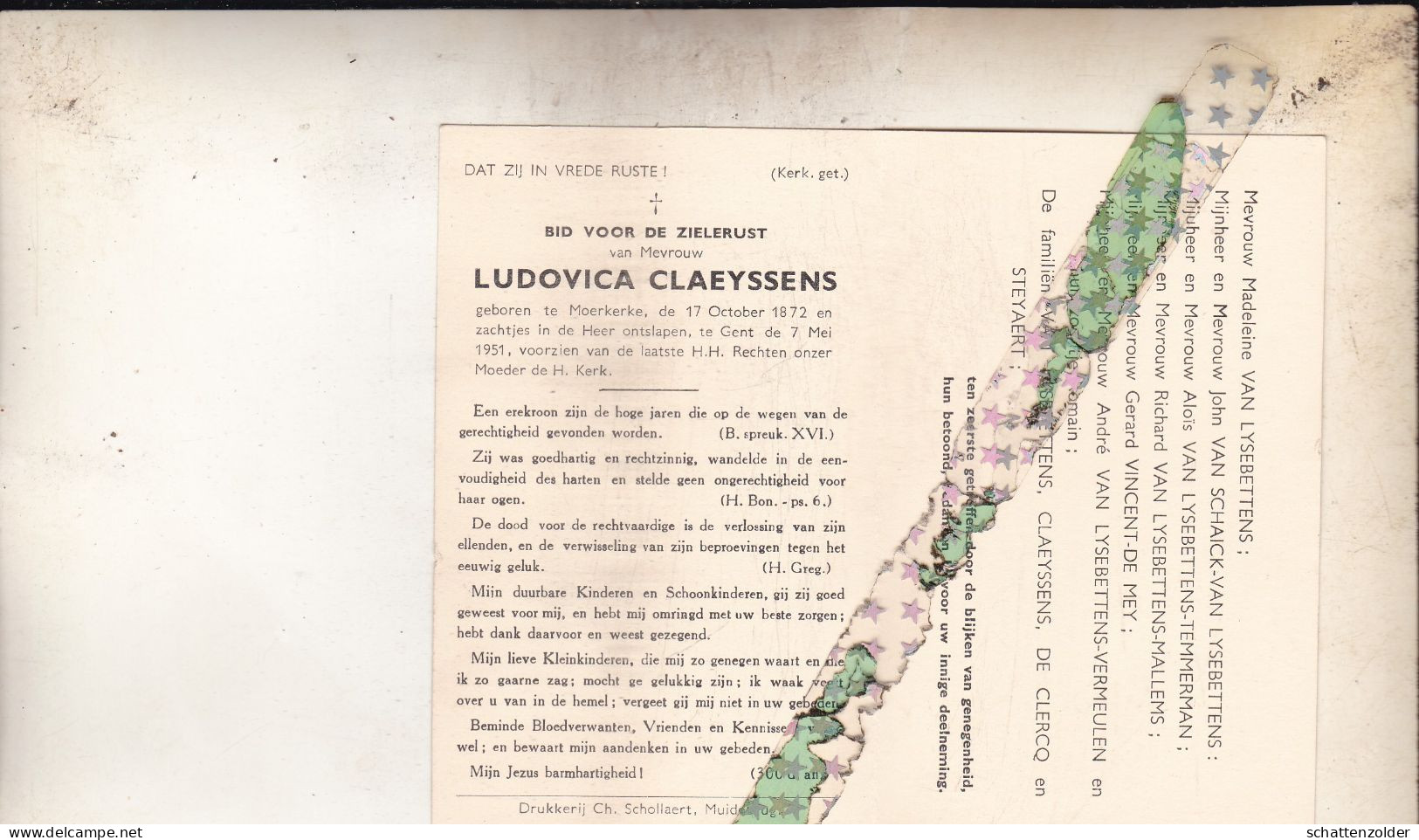 Ludovica Claeyssens, Moerkerke 1872, Gent 1951. Foto - Todesanzeige