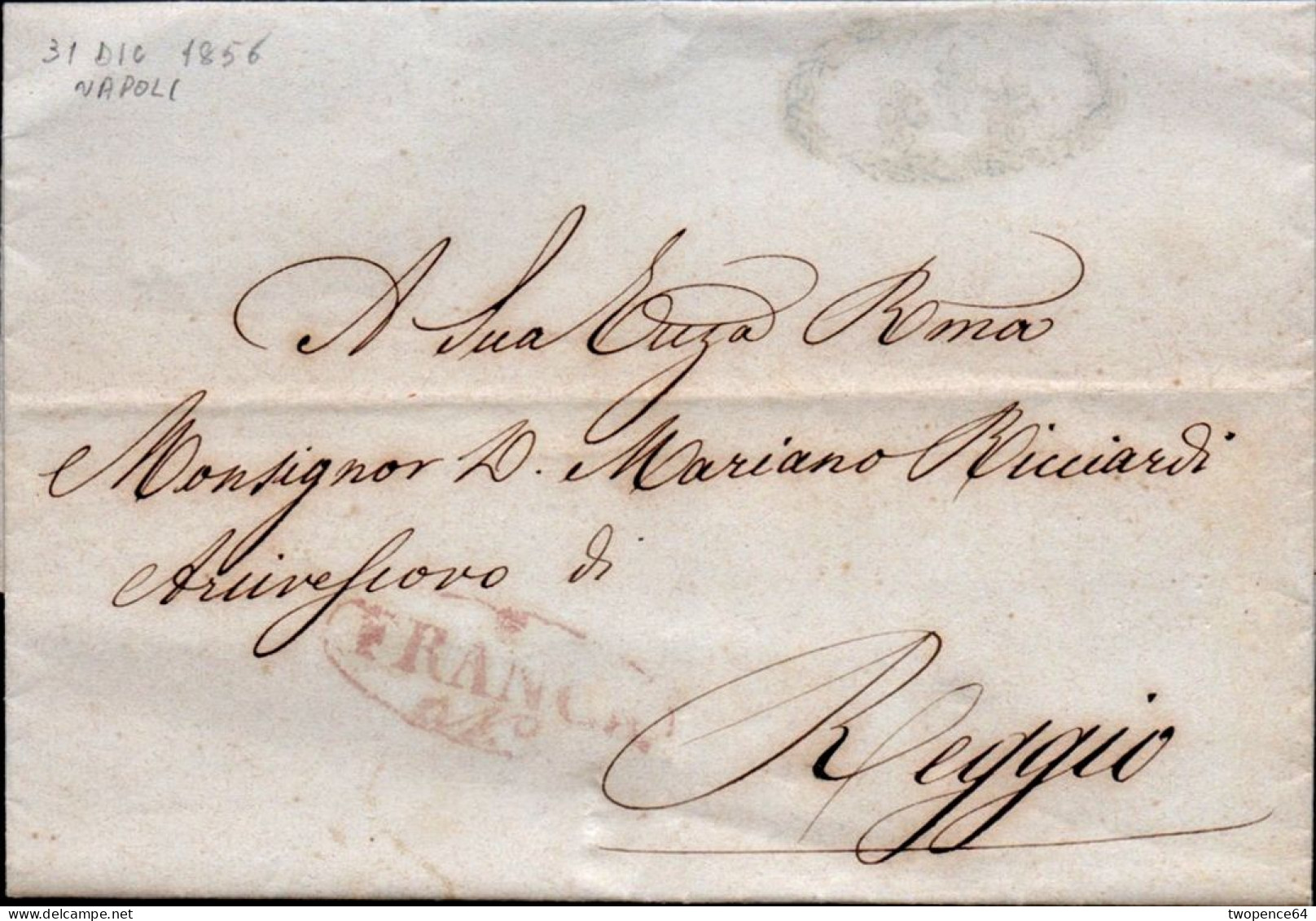 646 - LETTERA PREFILATELICA DA NAPOLI A REGGIO 1856 - FRANCA - 1. ...-1850 Prephilately