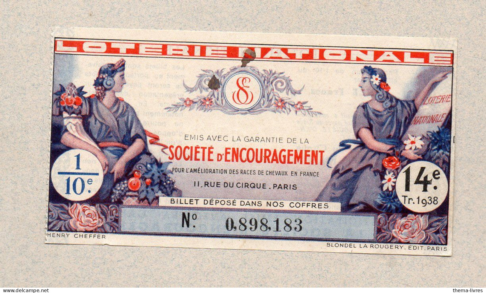 Billet LOTERIE NATIONALE 1938 SOCIETE D'ENCOURAGEMENT    (PPP46913 /E) - Lottery Tickets