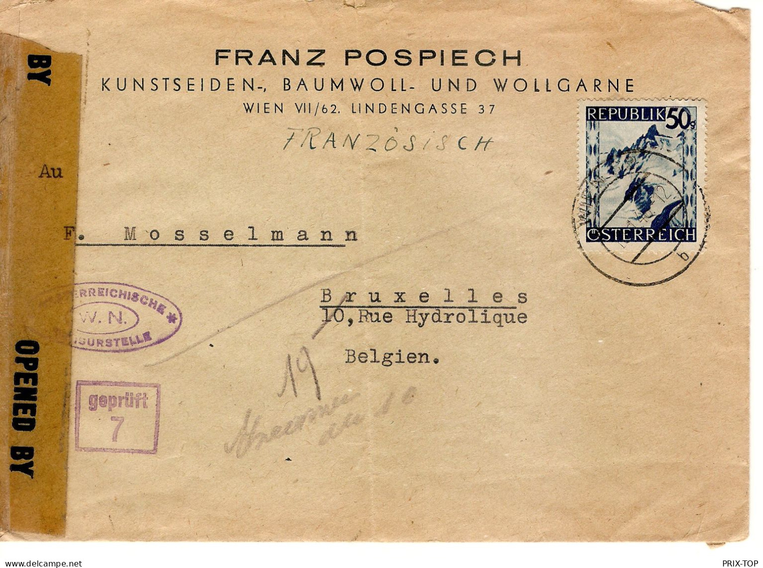 Austria Franz Pospiech Cover Wien 1946 FRANZÖSICH US Tape Censor + Geprüft Nr 7 > Belgien - Brieven En Documenten