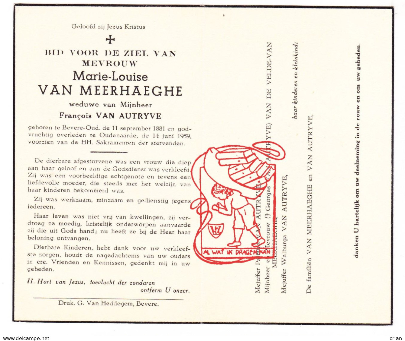 DP Marie Louise Van Meerhaeghe ° Bevere Oudenaarde 1881 † 1959 X François Van Autryve // Vandevelde - Devotion Images
