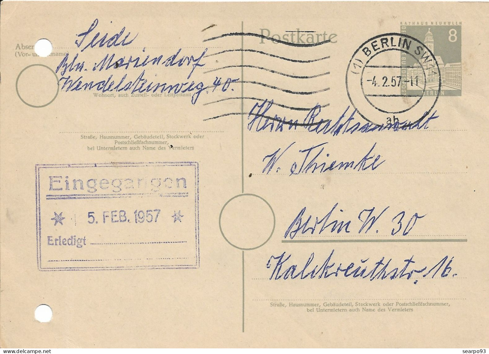 GERMANY. BERLIN. POSTAL STATIONERY. 1957 - Cartes Postales - Oblitérées