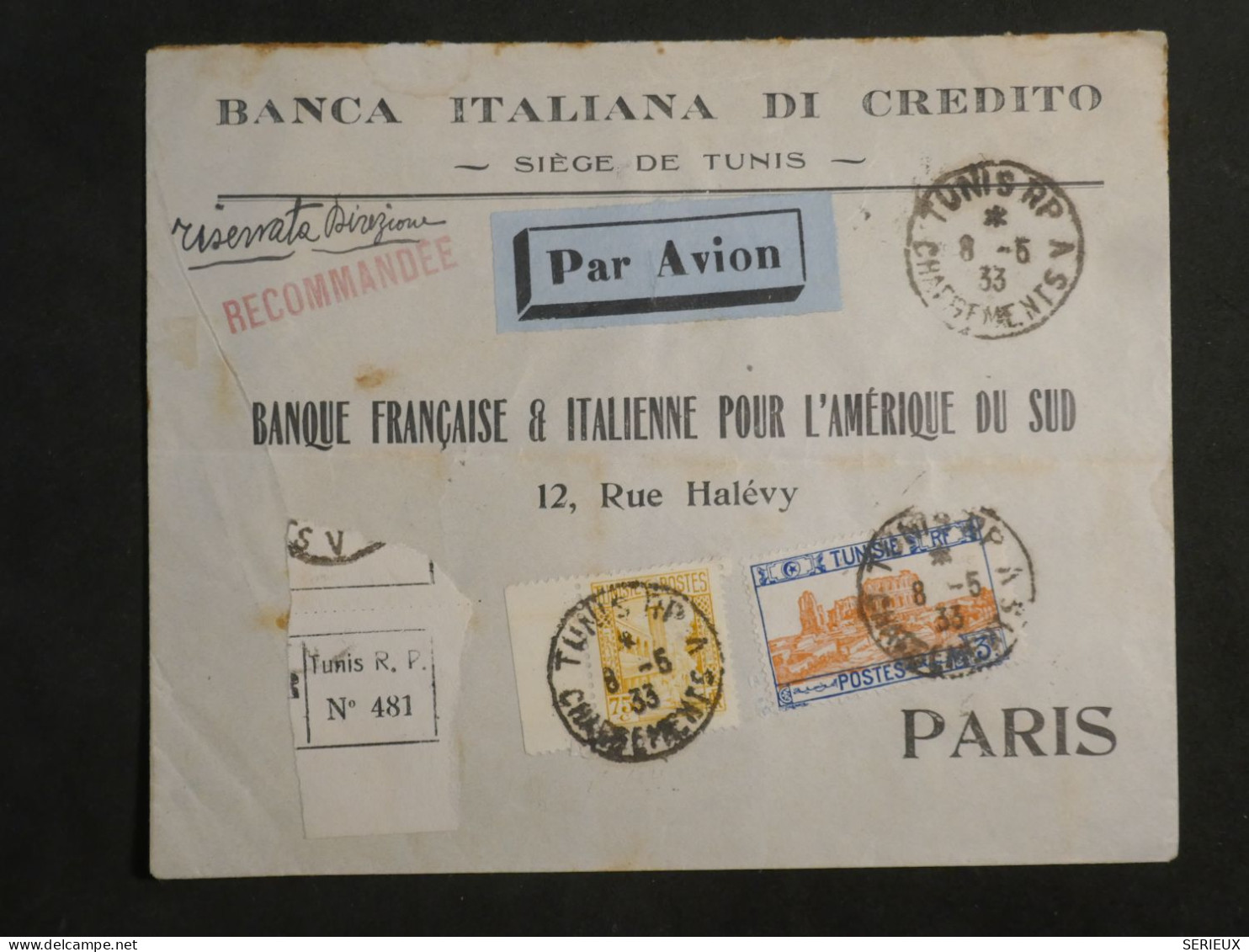 DM1 TUNISIE  BELLE LETTRE  BANQUE 1933   TUNIS A PARIS  FRANCE  +TAB +AFF.   INTERESSANT+ + - Brieven En Documenten