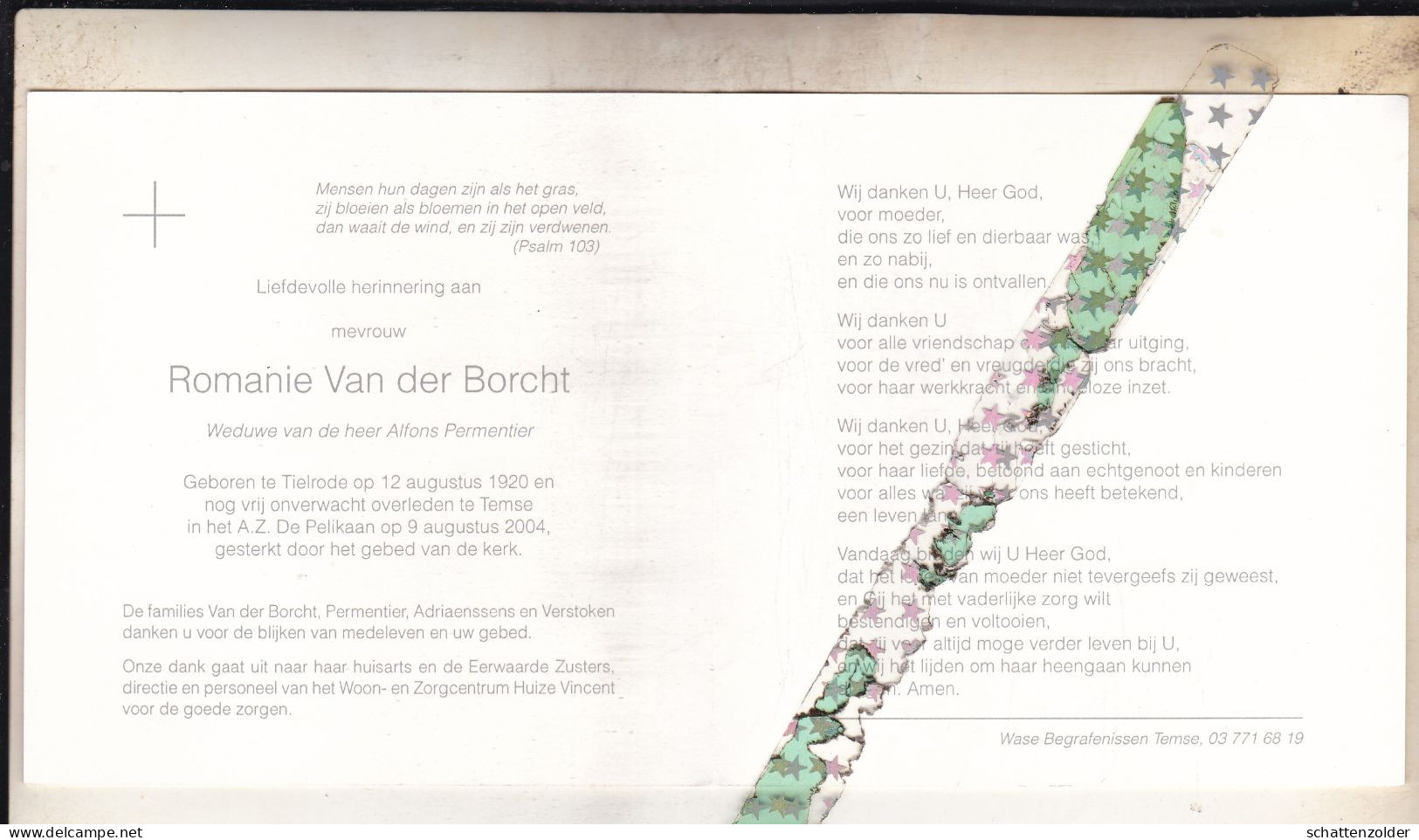 Romanie Van Der Borcht-Permentier, Tielrode 1920, Temse 2004 - Todesanzeige