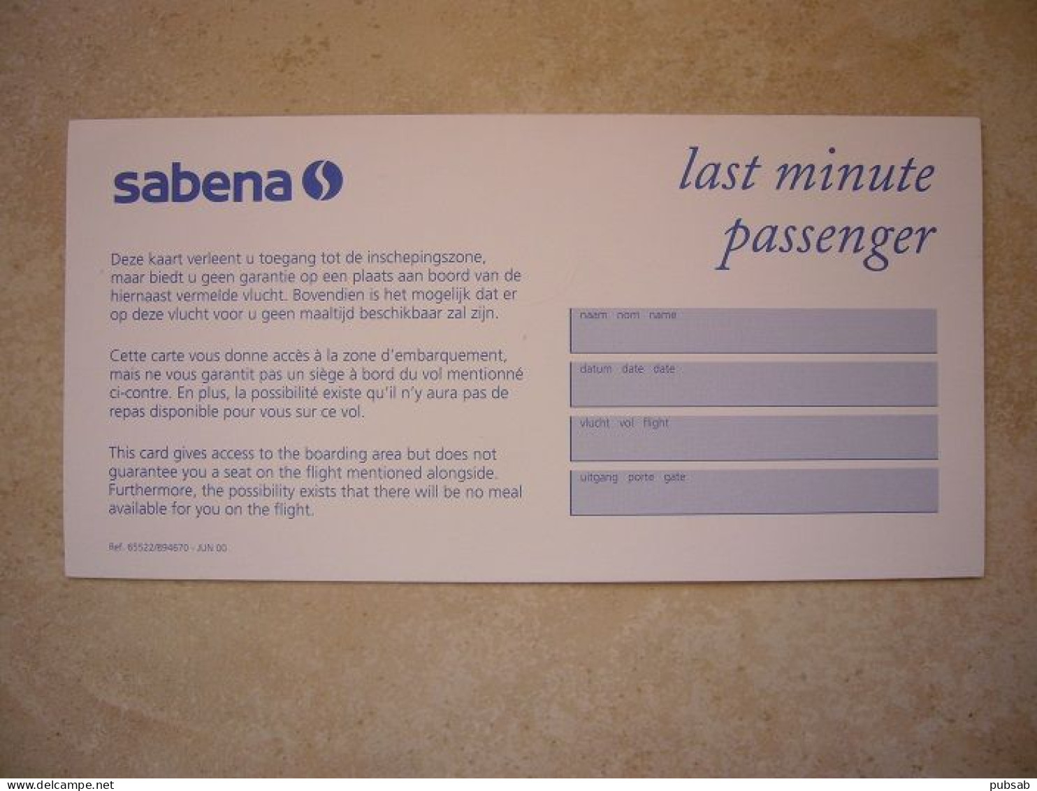 Avion / Airplane / SABENA / Last Minute Passenger - Tarjetas De Embarque