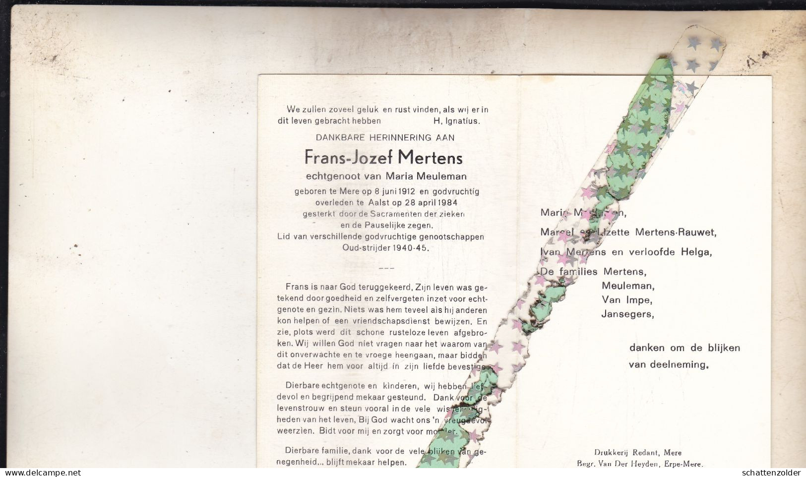 Frans Jozef Mertens-Meuleman, Mere 1912, Aalst 1984. Oud-strijder 40-45 - Esquela